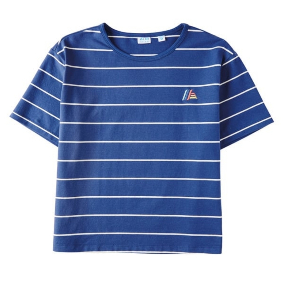 NWT - Ladies ALDI Gear Embroidered Cropped T-Shirt In Blue And White In Medium